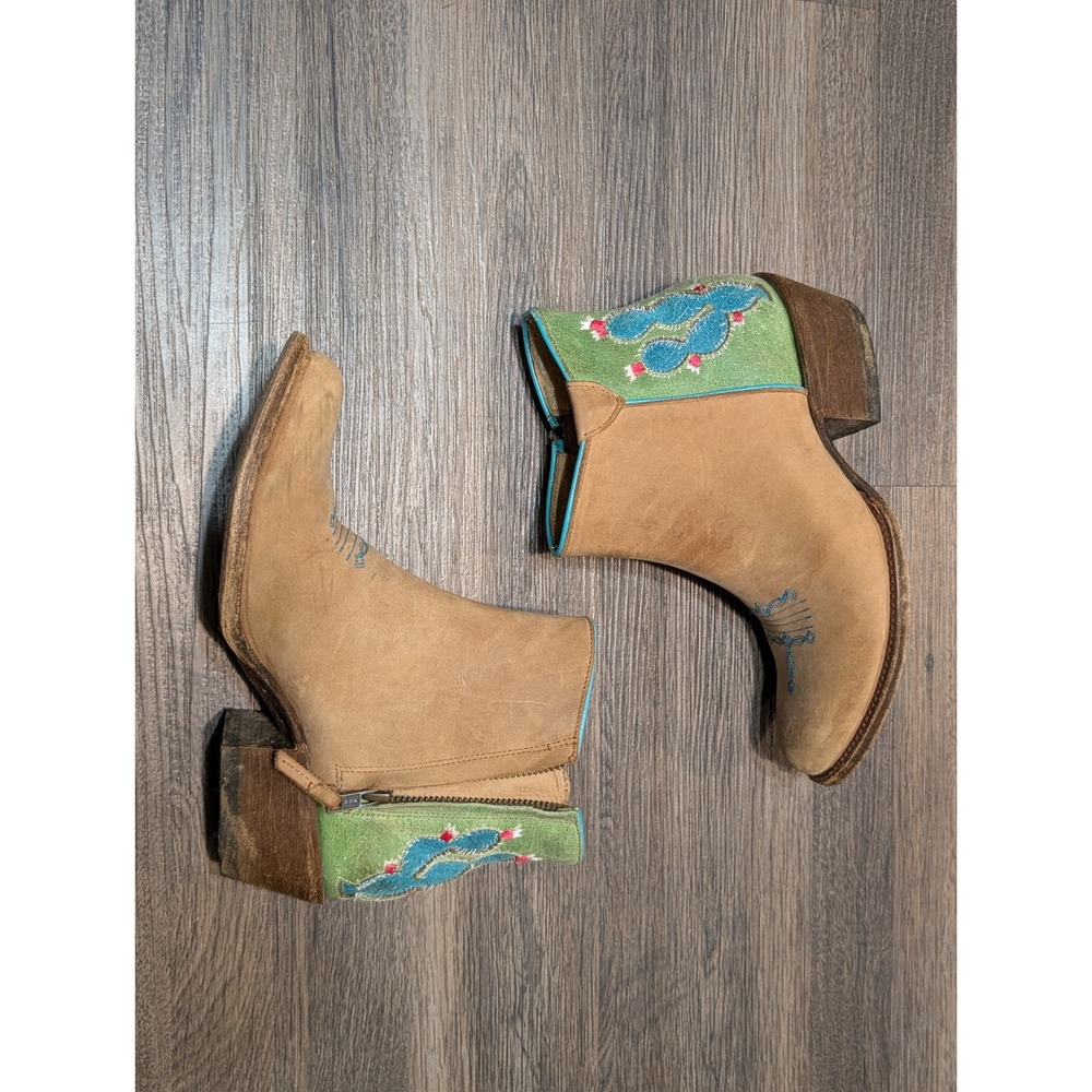 Macie Bean M5211 Cactus Embroidered Leather Western Ankle Boots Tan Green 7.5 M